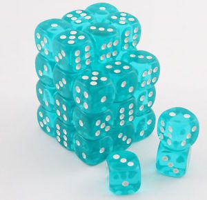 SET 36 DADI 6 F. 12 MM. TRASP. TEAL BLUE