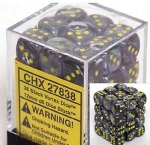 SET 36 DADI 6 F. 12 MM. VORTEX NERI/GIAL