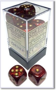 SET 12 DADI 16 MM. GLITTER RUBY/GOLD